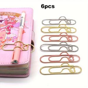 random color metal pen clip, 6 counts cute fixed pen buckle, paper clip with pen buckle, journal diary accessories, stationery accessories, school & office supplies
