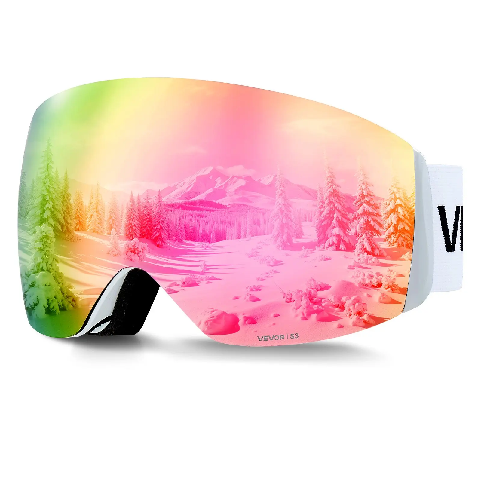 VEVOR Frameless Ski Goggles, Spherical Reflective Pink Revo Lens, OTG Anti-Fog UV Protection TPU Frame, Ventilation Structure, Cut Eye Strain, for Men/Women/Youth, Suitable for Skiing, Snowboarding