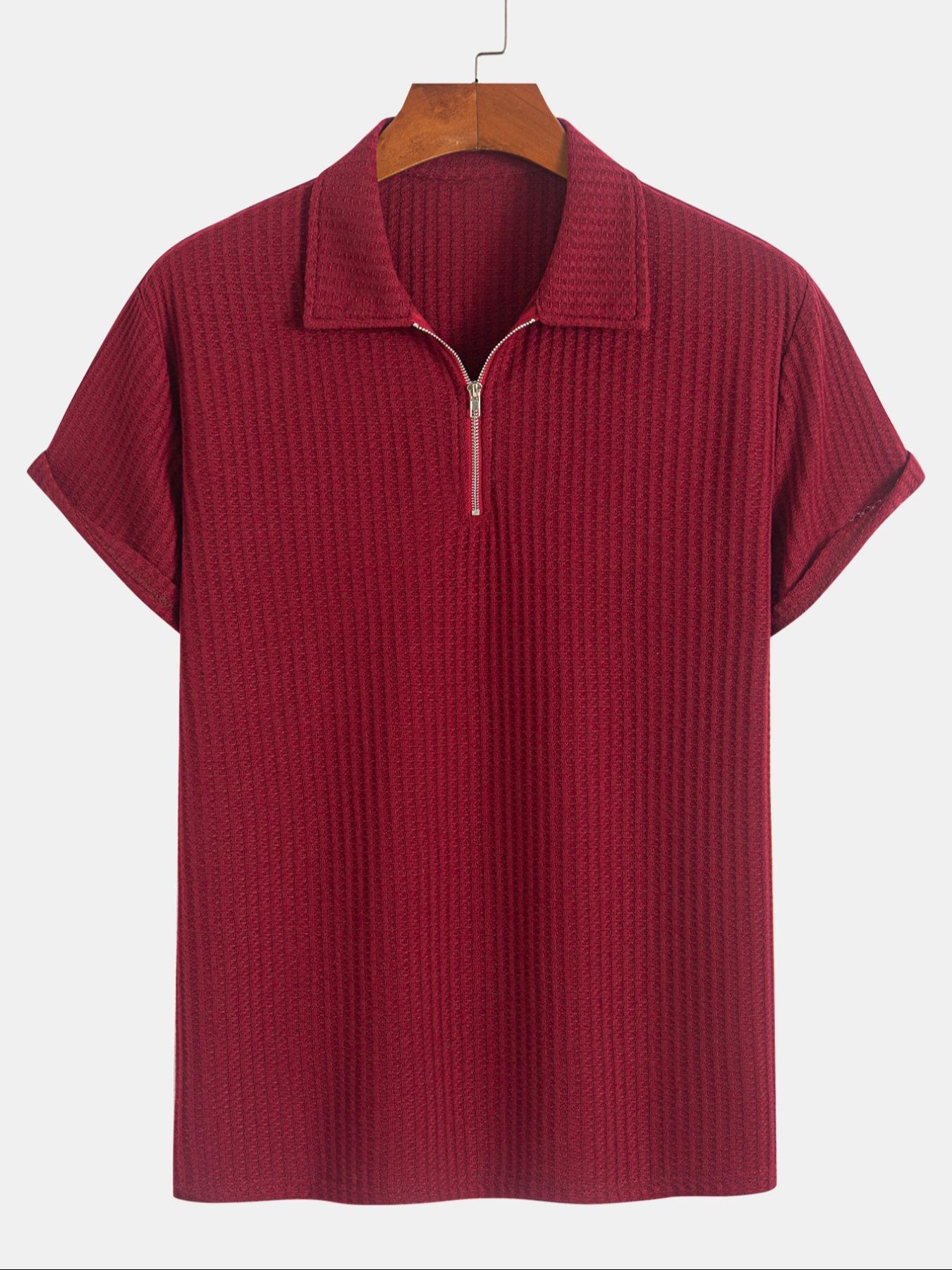 Men's Solid Ribbed Short Sleeve Knitted Polo Shirt, Solid Zipper Polo, Regular Fit Casual Breathable Comfy Top for Summer, Men's Clothes for Daily Wear