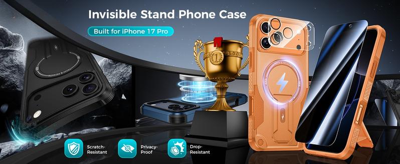 for iPhone 17 Pro Case with Privacy Tempered Glass Screen Protector & Camera Lens Protector, Compatible with MagSafe, Invisible Kickstand, Shockproof Phone Cover, Orange