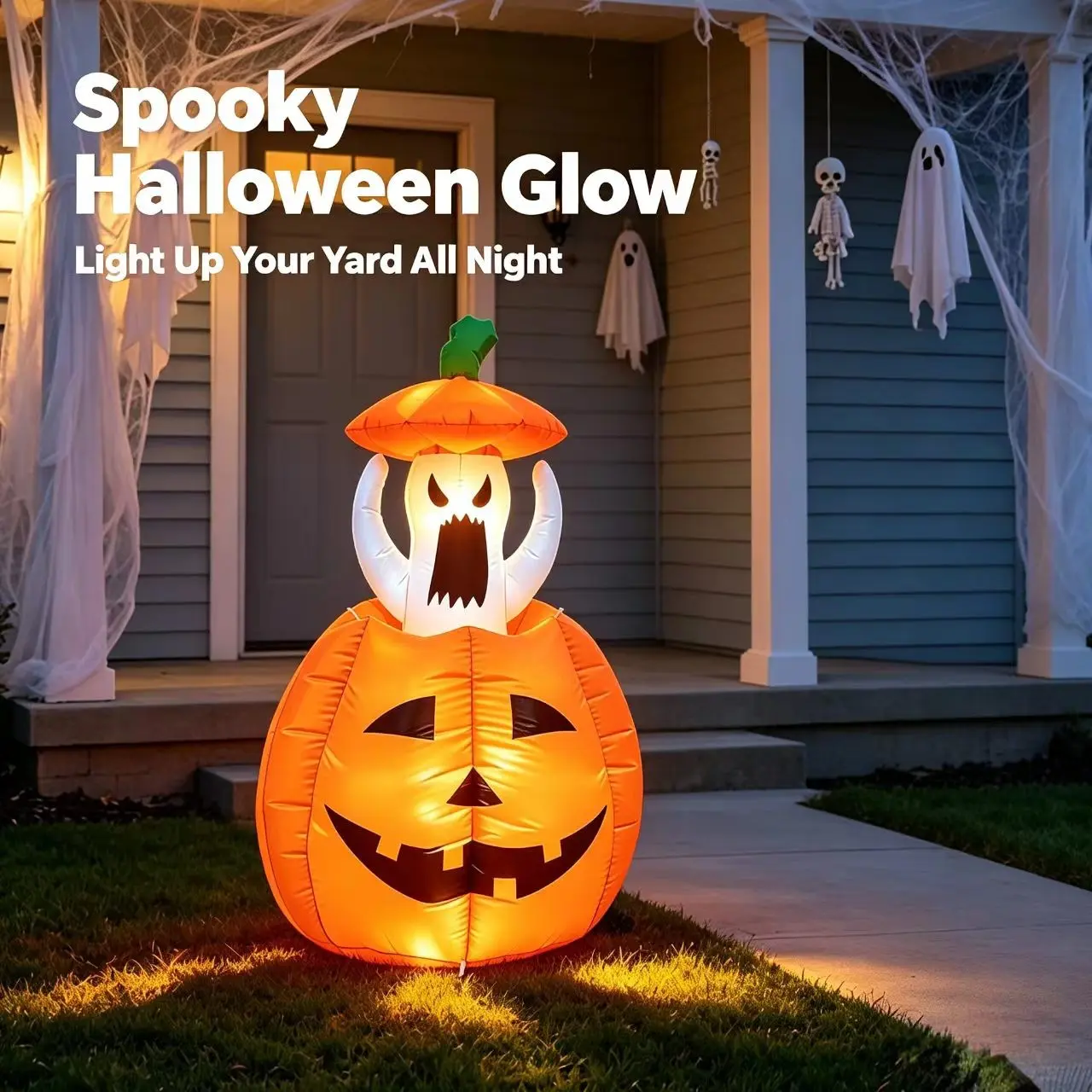 LED Waterproof Halloween Pumpkin Ghost Inflatable, Adjustable Lighted Pumpkin Ghost Outdoor Decoration, Halloween Decorative Air Mold