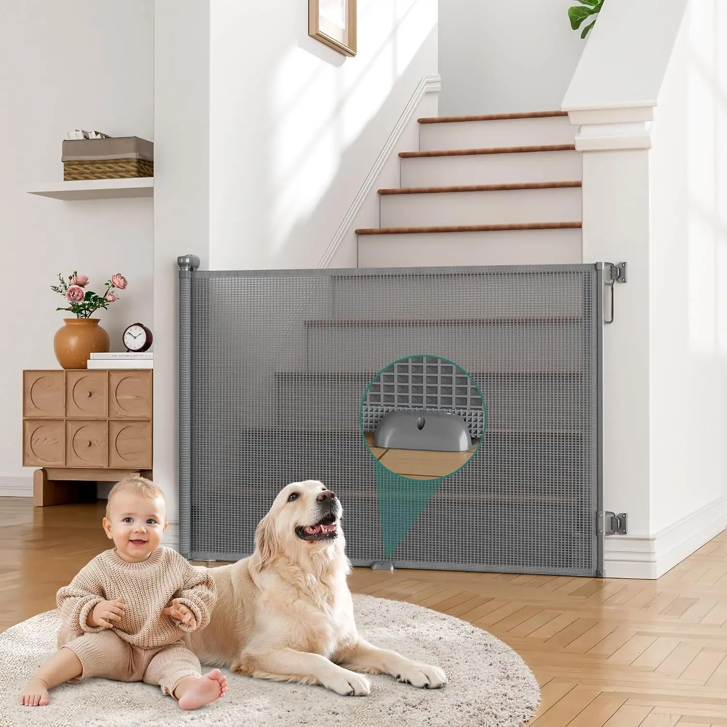 Retractable Baby Gates Extra Wide | 55" Wide x 34" Tall Dog Gates for Stairs | Indoor/Outdoor Use | Child Gates for Doorways, Deck, Porch, Hallways, Patio - Gray
