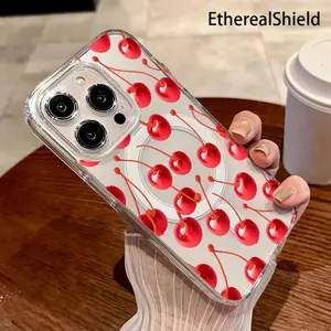 Phone Case: Fresh Ripe Red Cherries on Stems. Printed Phone Case, Transparent Acrylic Magnetic Shockproof Hard Case with Magnetic Ring, Wireless Charging, Fit for iPhone 17 E Air Pro ProMax iPhone16 15 14 Plus 13 12 Mini 11 X XS XR, Stylish Gift Choice
