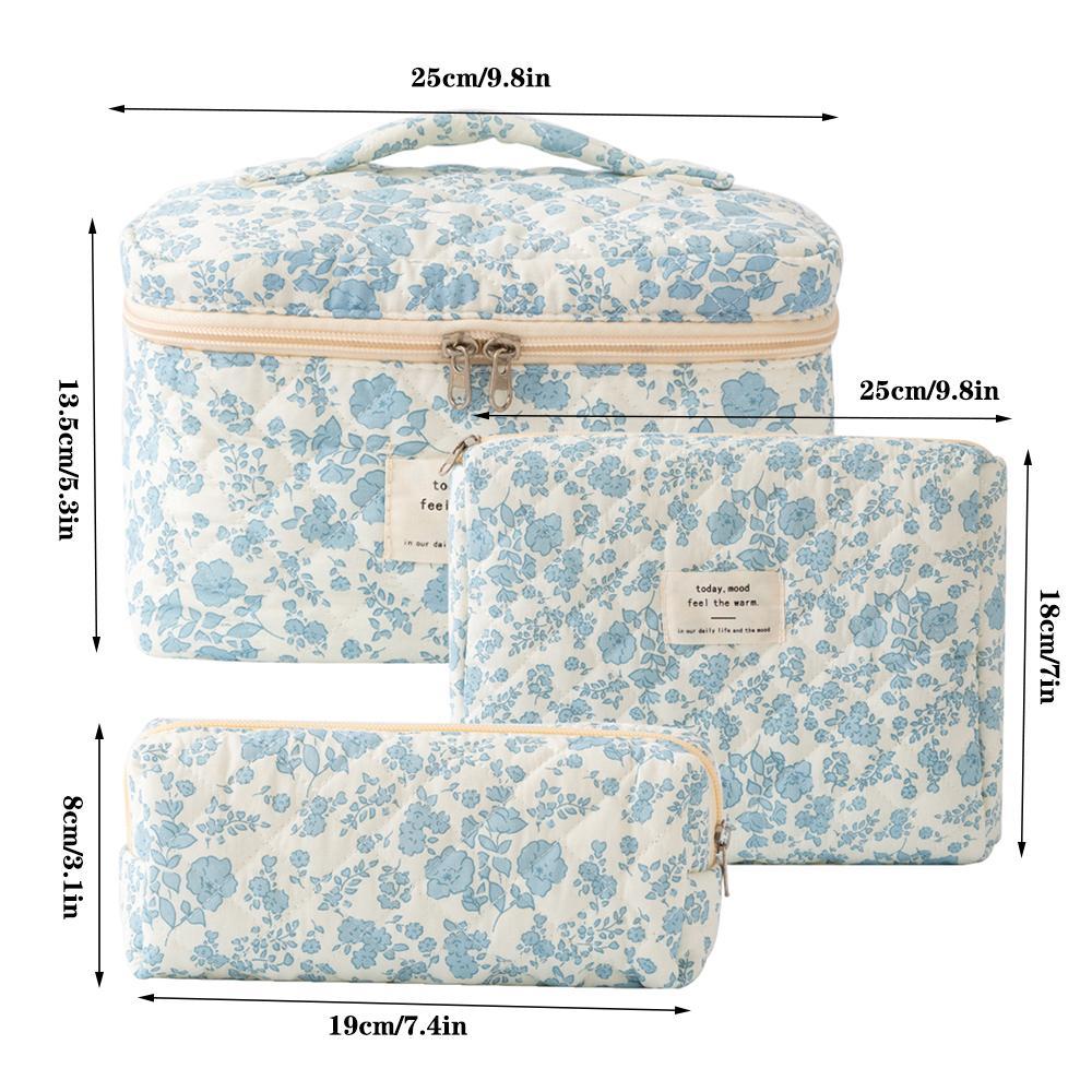 Floral Pattern Quilted Makeup Bag Set, 3 Counts Travel Cosmetic Bags, Portable Zipper Makeup Organizer Pouches, Makeup Storage Bag, for Cosmetics & Skincare, Travel Essentials, Valentine's Day Gift #GLOBAL PICKS