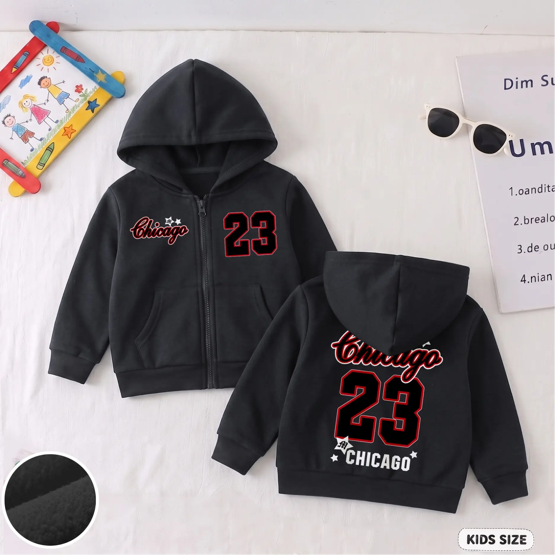 Kids’ Chicago 23 Graphic Zip-Up Hoodie, Trendy Letter and Number Print Hooded Jacket with Front Pockets and Large Back Design, Casual Long Sleeve Outerwear for School, Travel, Outdoor Play and Daily Wear