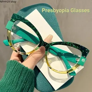 Unisex Daily Vision Eyewear Reading Glasses, Cat Eye Style Equipped With Anti-Blue Light Photochromic HD Lenses, Large Multicolor Color Blocking Frame Accessory Protecting Eyes For Long-Time Computer Office Work, Daily Reading And Outdoor Cycling Trips