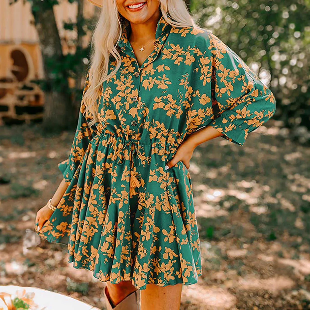 Women's Casual Green Floral Print Adjustable Polyester Flowy Drawstring Tunic Short Dress, Feminine Daily Wear, Chic