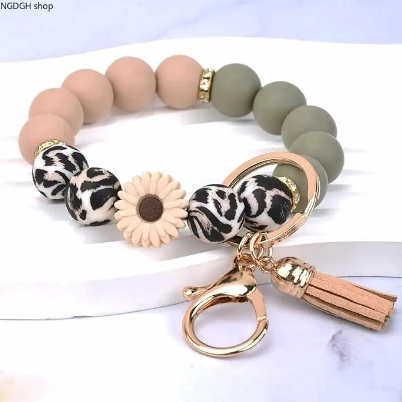Women's Sportswear Set Portable Beaded Keychain - Silicone Beads, Leopard Print, Cow, Floral Wristlet with Gold Tassel, Unisex Wear Bag Charm for Boho Fashion & On-the-Go Use (Sports & Outdoor Accessories)