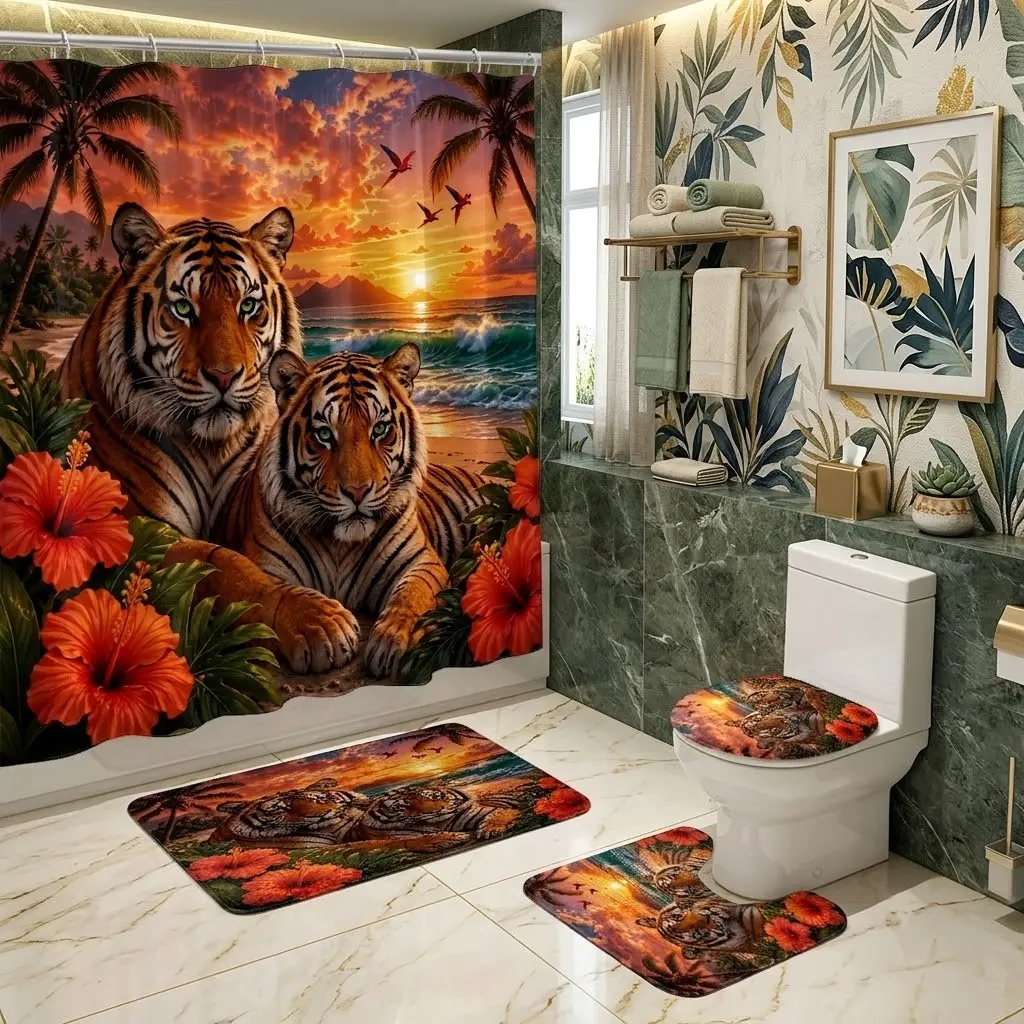 4pcs Two Tigers Tropical Hibiscus Palm Tree Sunset Beach Ocean Print Shower Curtain Set, Exotic Wildlife Bathroom Kit with Toilet Lid Cover & Matching Floor Mats,The floor mat fabric is thicker and softer!  Tropical Jungle Home Bathroom Decor