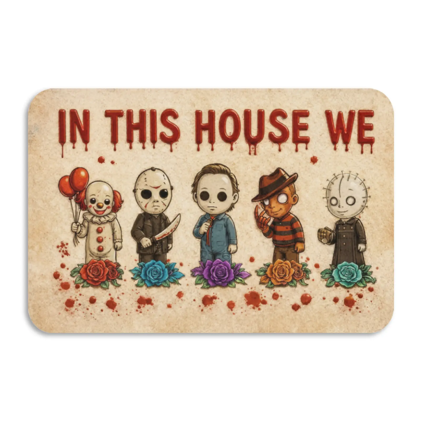 Funny In This House We Horror Slasher Characters Doormat, Vintage Paper Blood Drip Cute Masked Killers Entry Floor Mat, Non-Slip Welcome Mat, Spooky Gothic Halloween Scary Movie Home Decor Rug for Indoor Front Door, Water Resistant, 1–2 Cm Variation