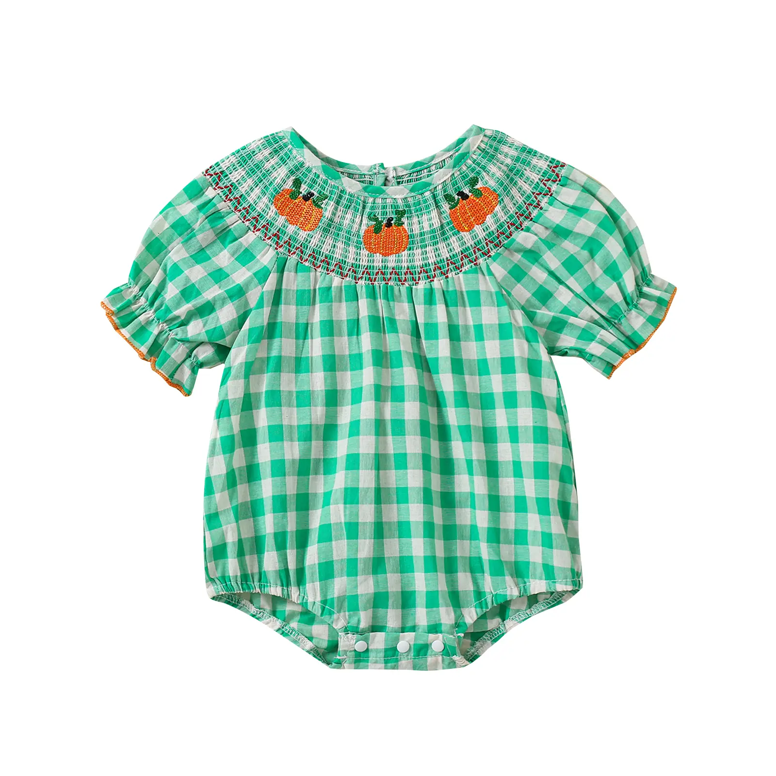 Newborn Infant Baby Girl Smocked Pumpkin Outfits Infant Plaid Bubble Romper Embroidery Halloween Thanksgiving Fall Clothes