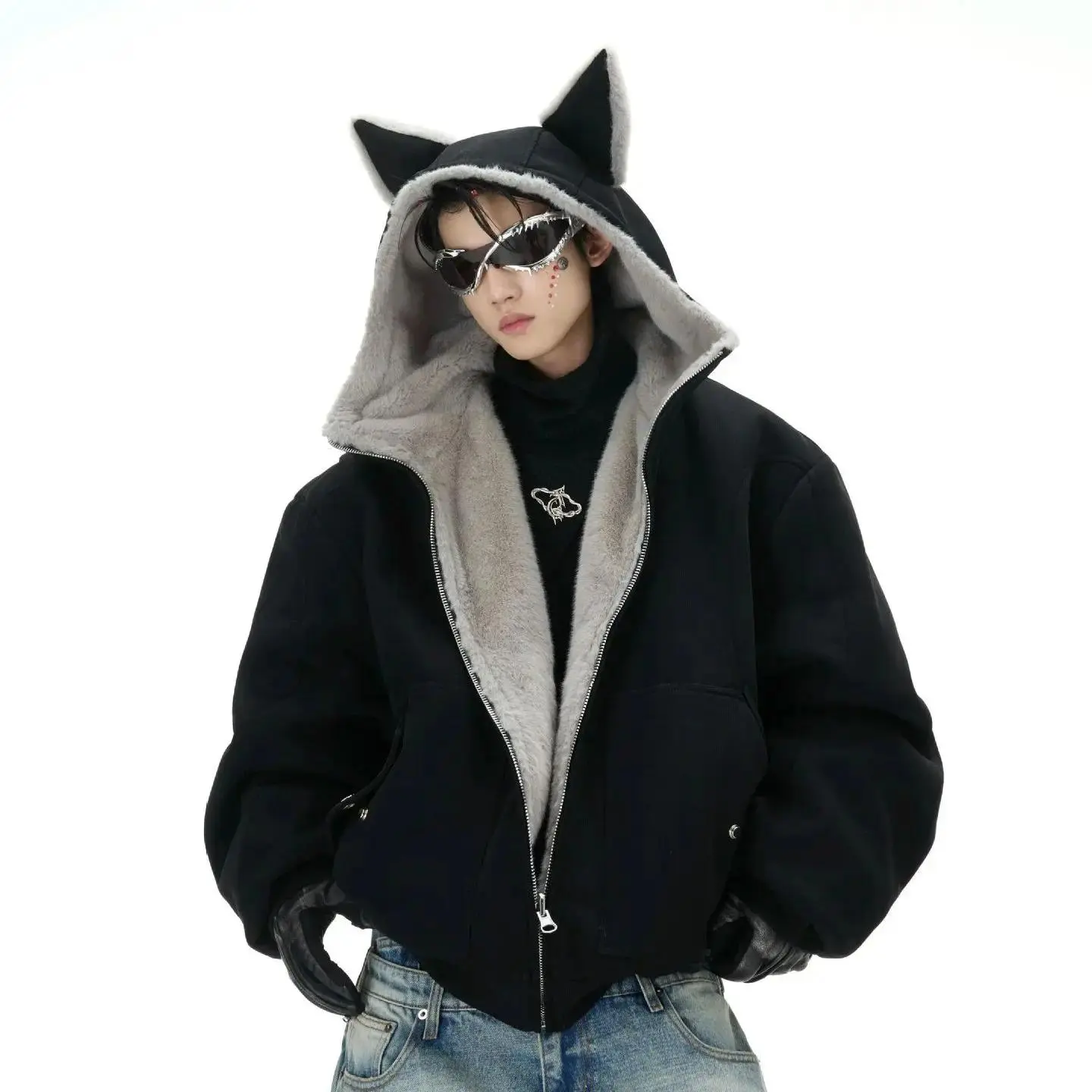 Reversible Fleece-Lined Fox Ear Hooded Jacket Cat Ear Men's Retro Streetwear Zip Up Coat Winter Warm Cozy Athletic Men Outerwear