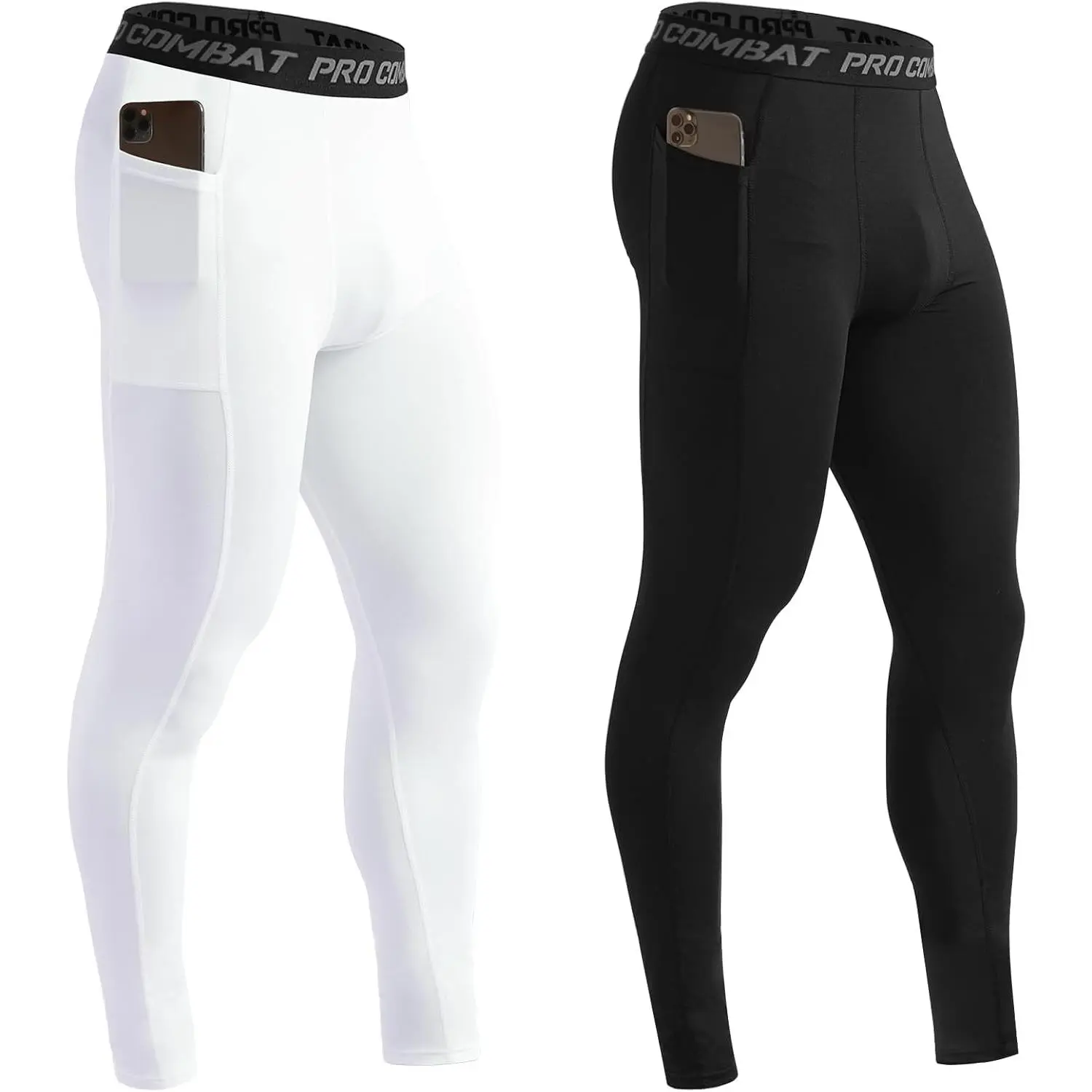 Men's Compression Pants with Pockets, Athletic Leggings Baselayer Workout Tights for Running Yoga Gym Basketball