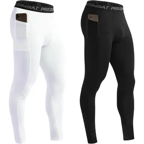 Men's Compression Active Leggings with Phone-Ready Pockets - Elastic, Lightweight, Breathable All-Season Baselayer Tights for Gym Workout, Running Yoga, Leg Support