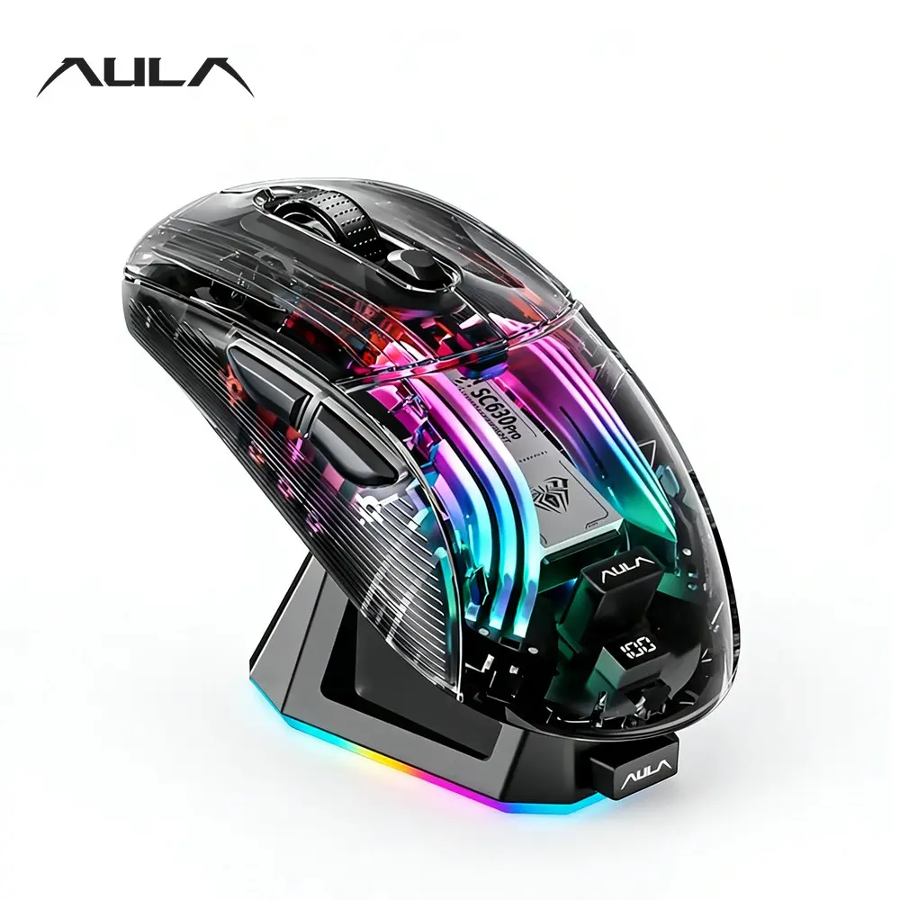 Aula Sc630pro Wireless Mouse, Transparent Design, Magnetic Charging Base, Wired/wireless, RGB Lights, Ergonomic, Gaming & Office Use