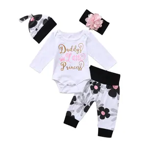 4Pcs Infant Newborn Baby Girl Summer Outfit Daddy's Little Princess Long Sleeve Romper + Floral Printed Pants + Hairband + Hat Set 0-24M