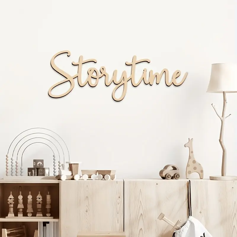 1 piece Storytime Wooden Word Sign, Wall Art Sign, Decor Signs, Cursive Script Wood Letter Wall Decor, Boho Neutral Wood Cutout Wall Hanging for Kids Nursery Playroom Reading Nook Decor