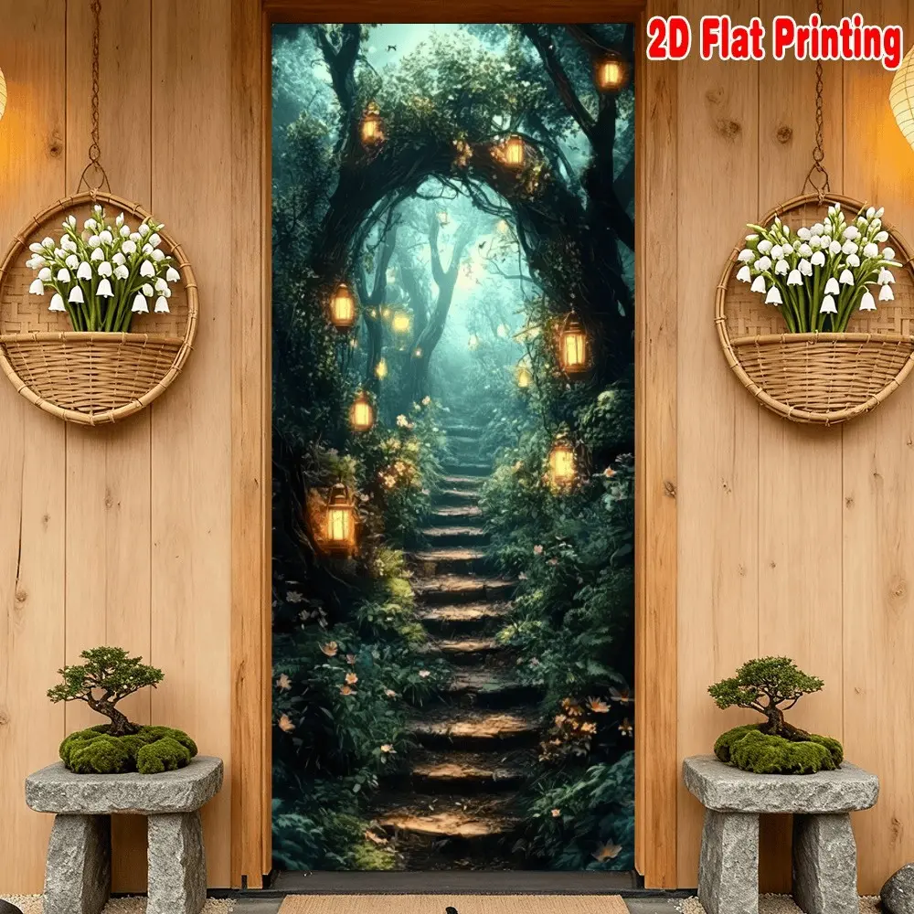 2D Flat Banner 1pc Enchanted Magic Forest Vine Arch Stone Path Tapestry, Fairy Tale Woodland With Vintage Lantern Green Plants Floral Backdrop, For Fantasy Themed Party, Photoshoot, Home Wall Decor, Curtain Door Cover, Polyester Material