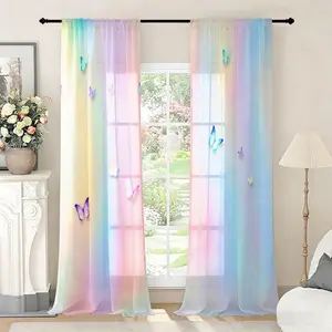 2pc Gradient Rainbow Butterfly Print Curtain and Door Curtain, with pole design. It is the perfect gift for friends and is suitable for home decoration in dormitories, bedrooms, living rooms, kitchens, dining rooms, study rooms, etc.