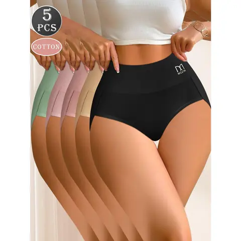 QUASTI 5 Pack High Waist Cotton Briefs with Silk Lined Crotch, Tummy Control Breathable Comfort Underwear for Women, S-5XL Pastel Womenswear