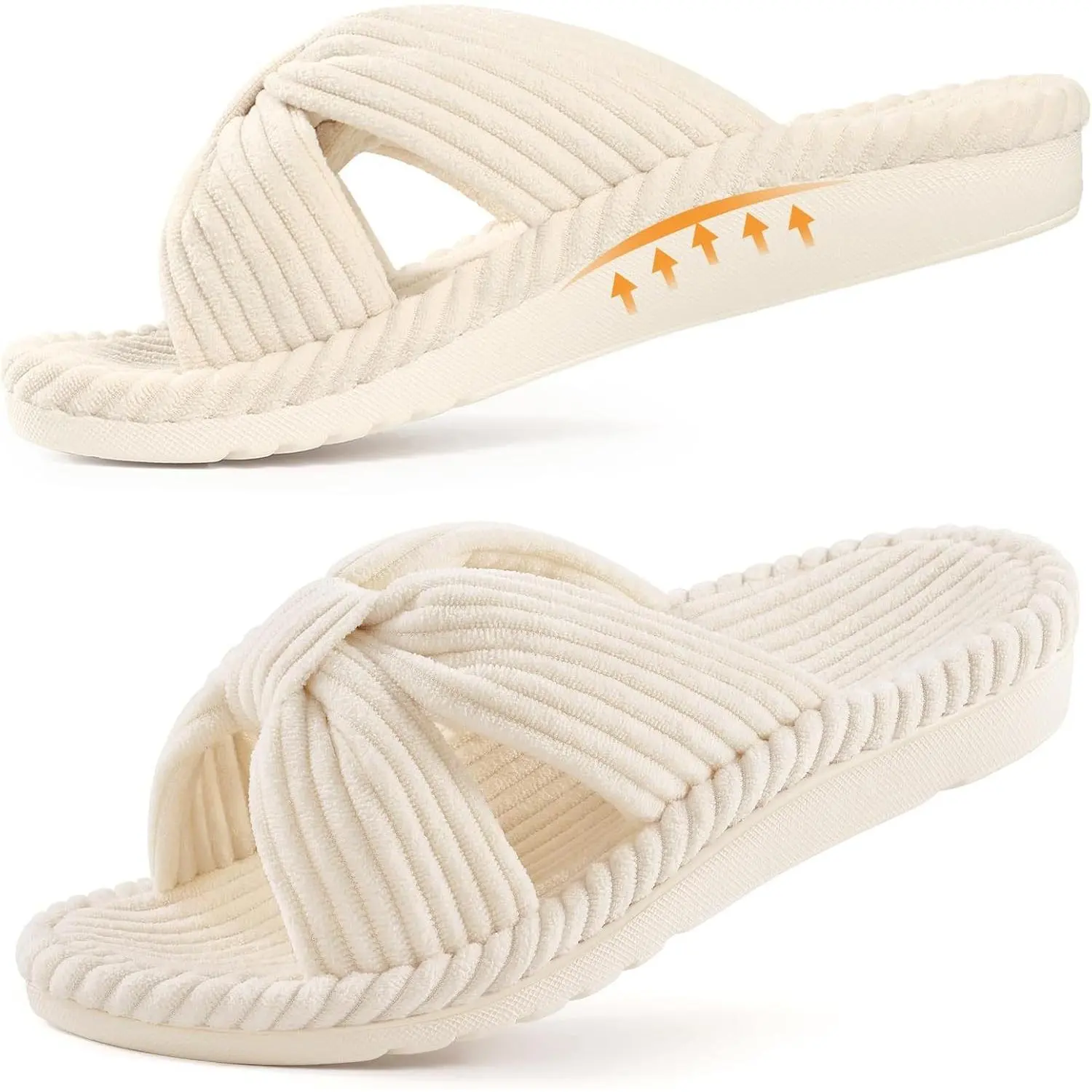 Women's Orthopedic Arch Support Slippers for Plantar Fasciitis - Open Toe Memory Foam House Shoes with Non-Slip Sole, Soft Corduroy Cross Bow, Lightweight Machine Washable Indoor Footwear