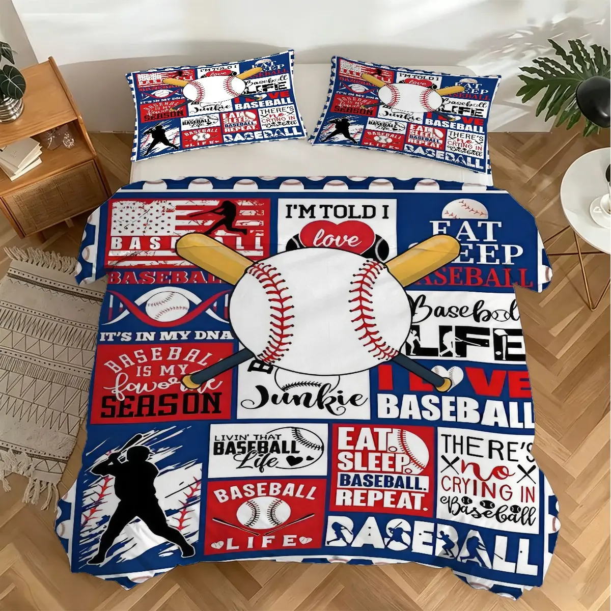 Baseball Quote Patchwork Pattern Duvet Cover Set, 2/3 Pcs Red White Blue Bedding Set, Machine Washable, Perfect Bedroom Decor, Baseball Fan Essential. 1 or 2 Pillowcase, No Filling