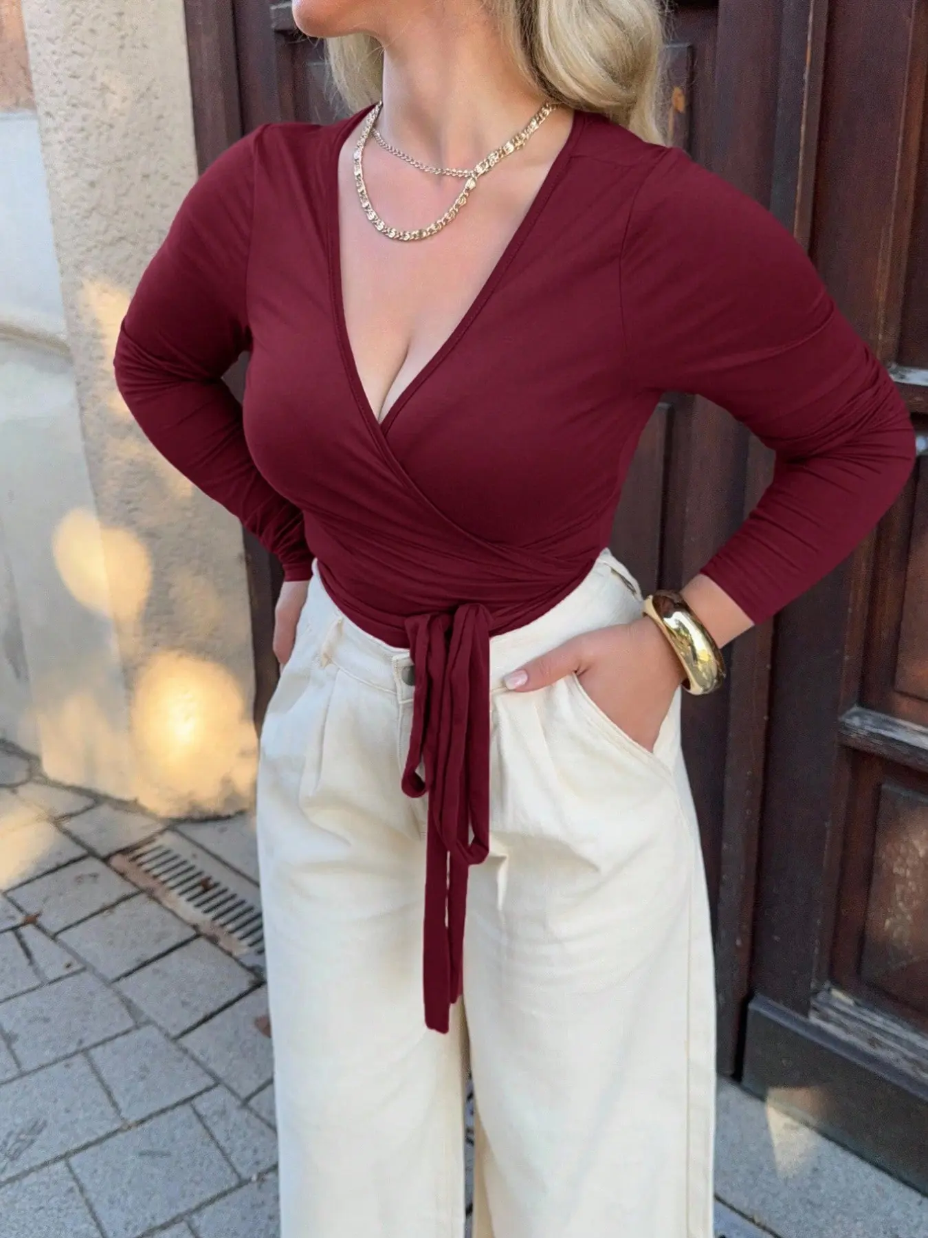 Front Open Strap V-Neck Wrap Body Long Sleeve Short Tee, Stylish Casual Top for Women, Comfortable and Trendy Fashion Shirt