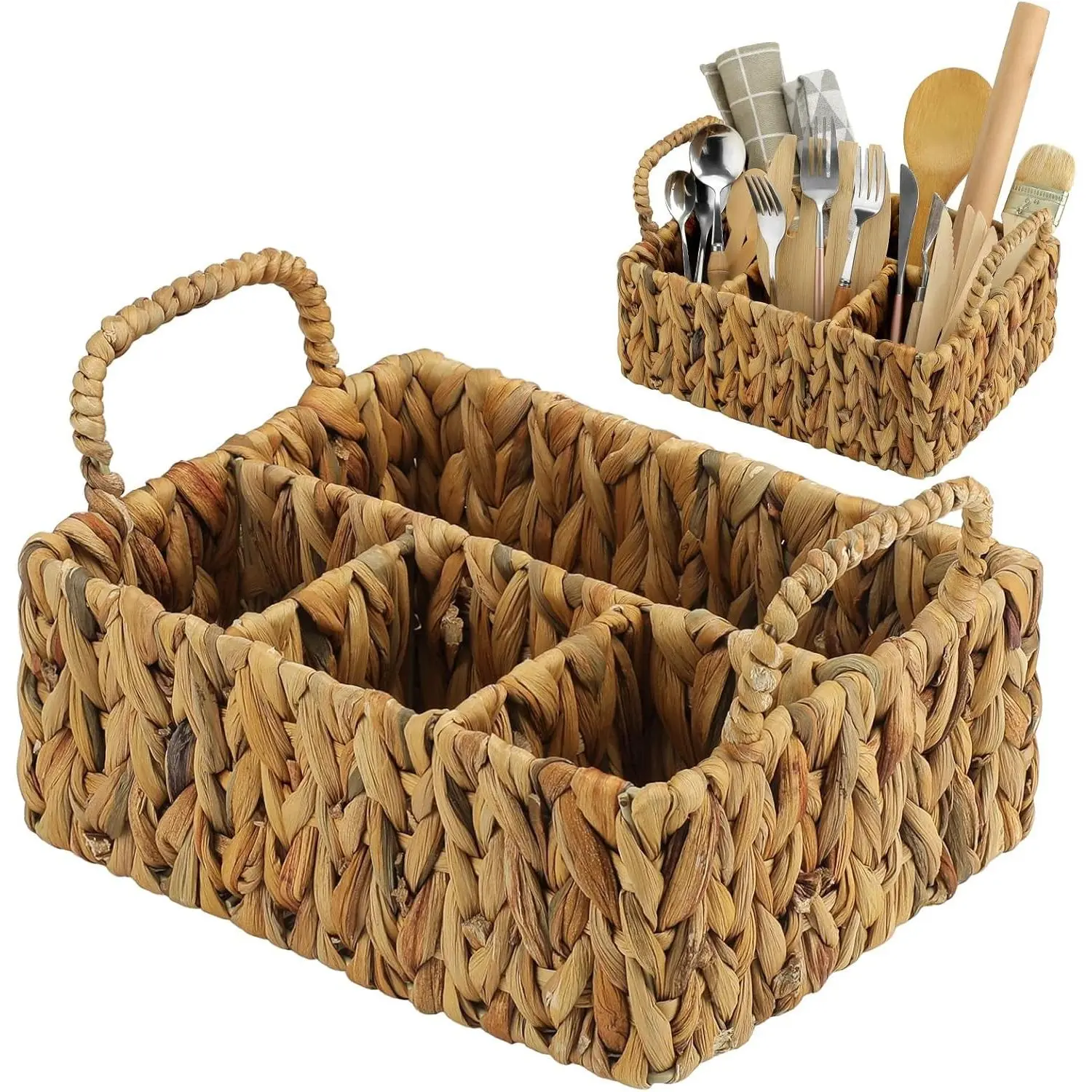 Wicker Flatware Storage Basket Utensil Caddy Hand Woven Divided Cutlery Holder Kitchen Utensil Organizer Water Hyacinth Silverware Organizer with Handle for Countertop Party (Rectangular)