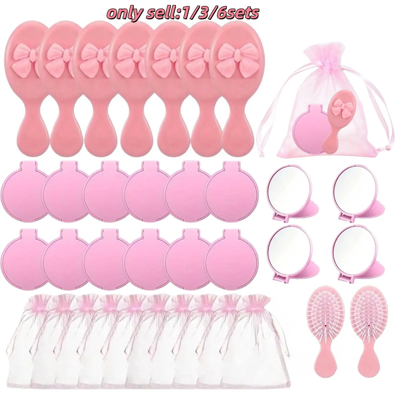 Mini Hair Comb Set, Bow Travel Comb, Foldable Mirror, Storage Bag, Girls' Dry Wet Scalp Massage Comb, Portable Pocket Size, Perfect Gift