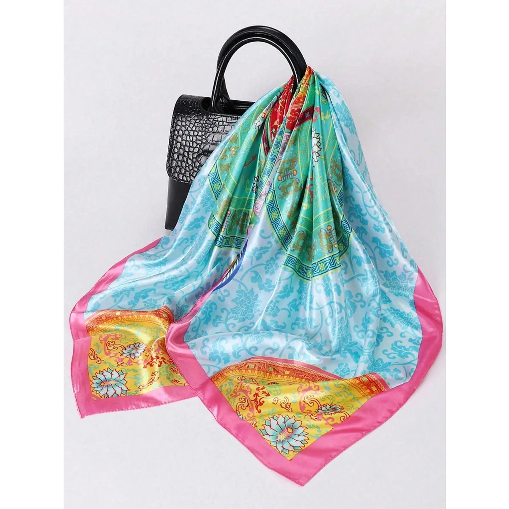 Fashion Square Silk Scarf Women   Brand Satin Print Hijab Scarves Pareo Bandana Female Shawl Wrap Headband Foulard 90*90cm