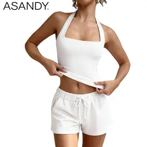 ASANDY Women's Halter Square Neck Tank Top 4-Way Stretch Double Layer Slim Fit Crop Top Versatile Style Perfect For Daily Workout Party & Casual Looks