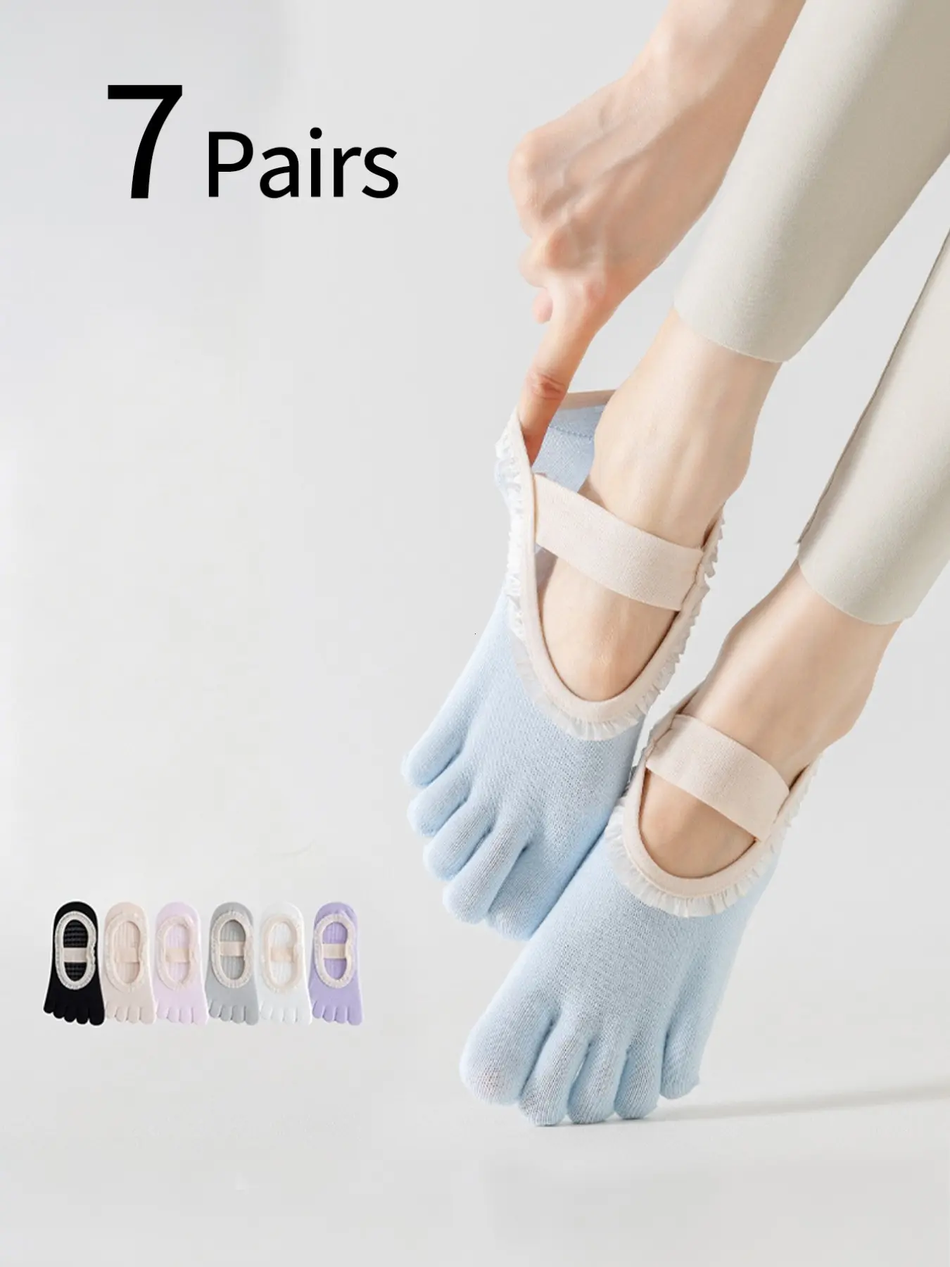 7 Pairs Women's Socks, Ballet Edge Tie Sports Style, Five-Finger Yoga Boat Socks, Anti-Slip Pilates Fitness Socks, Indoor Cool Floor Socks