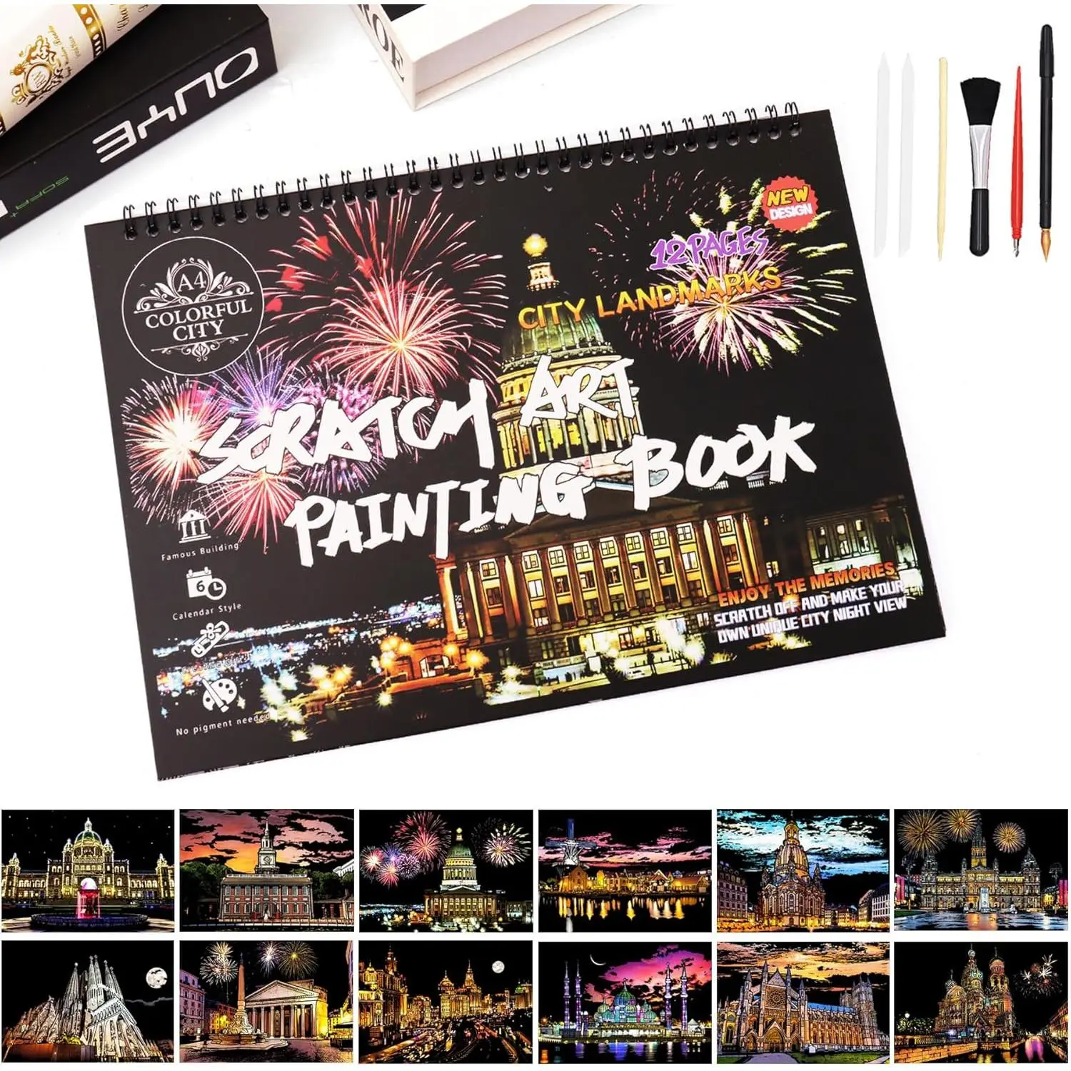 Scratch Art Book for Adults - 12PCS Scratch Painting Foil Art for Adults Scratch City Series Books Foil Engraving Scratch Art Adult Set with 6 Tools
