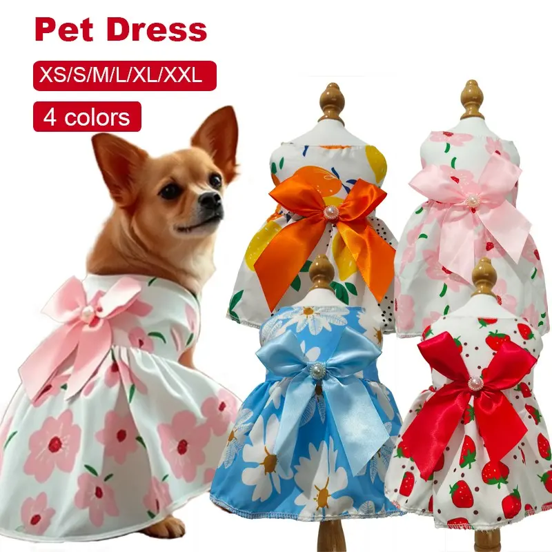 Girls' Floral Summer Dog Dress with Pearl Bow, Cute Princess for Small Dogs, Pet Clothing for Boys and Girls, Adorable Puppy Costume