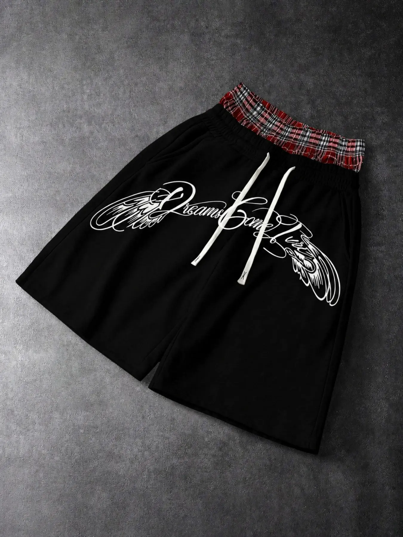 Men Y2K Fake Two Piece Shorts Plaid Patchwork Double Waistband Sweatshorts, Vintage Script Wings Graphic Embroidery Embroidered Knit Shorts for Streetwear Outfit Casual Knit Short