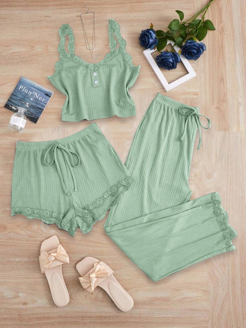 Women's Sleepwear Set, Three-Piece Round Neck Lace Trim Pajamas, Soft Breathable Comfort Casual Home Wear, Tank Top Shorts Long Pants Women's Sleepwear Set, Three-Piece Round Neck Lace Trim Pajamas, Soft Breathable Comfort Casual Home Wear, Tank Top Shorts Long Pants