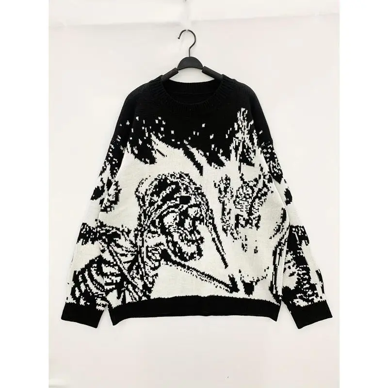 [Halloween Skeleton Sweater] Plus Size Men's Fashion Sweater - Black & White Halloween Skeleton Design, 100% Acrylic Knit, Round Neck, Machine Washable - Casual Fall/Winter Pullover