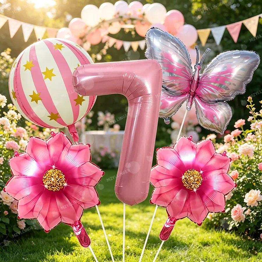 Butterfly Aluminum Foil Balloon Set, Flower and 4D Round Balls, Ideal for Birthday Parties, Garden Decor, Outdoor Setup