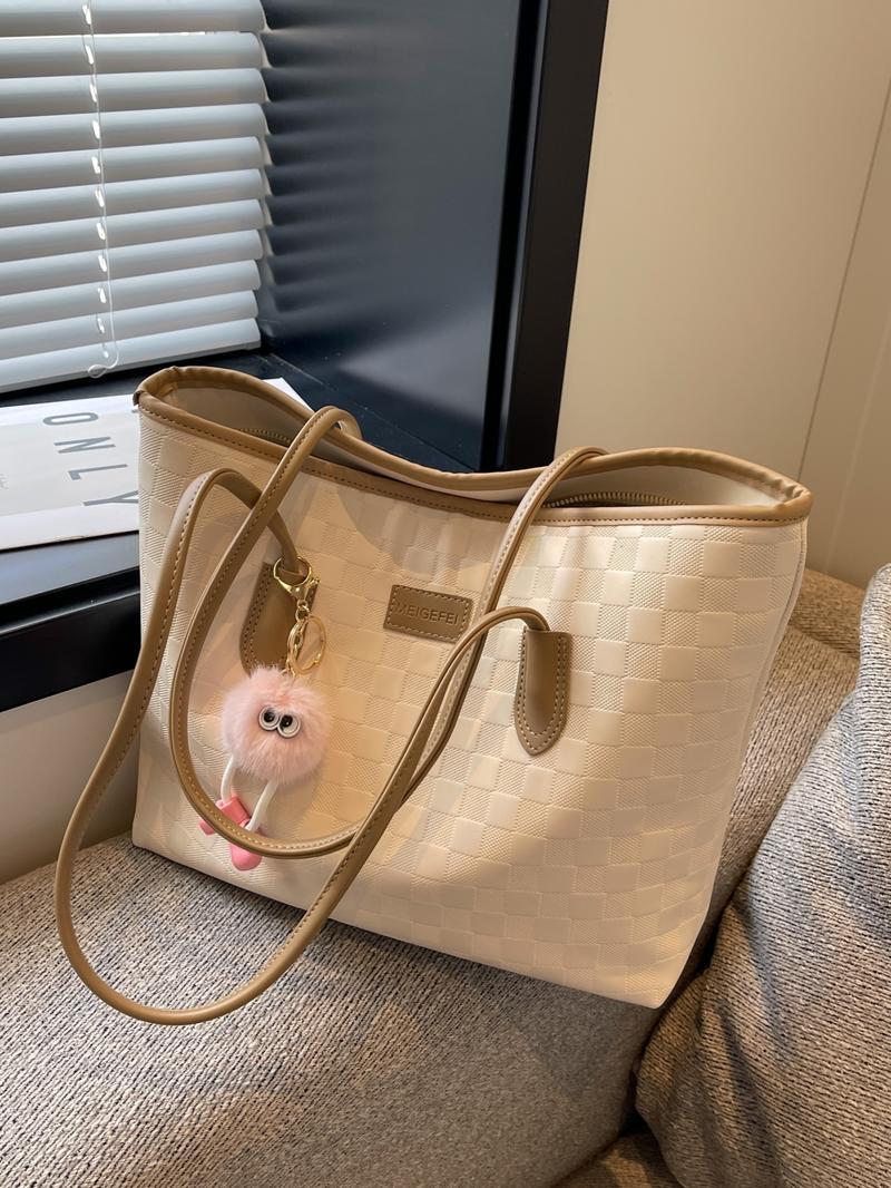 Women's Checkered Embossed Large Capacity Tote Bag, Cute Pom Pom Keychain, Zipper Closure, Versatile Daily Shoulder Bag for American Fashion Lovers