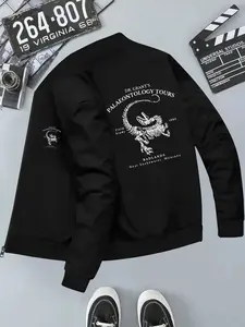 Dinosaur Skeleton Print Men's Hooded Casual Jacket, Long Sleeve Loose-Fit Outerwear, Geometric Pattern, All Seasons