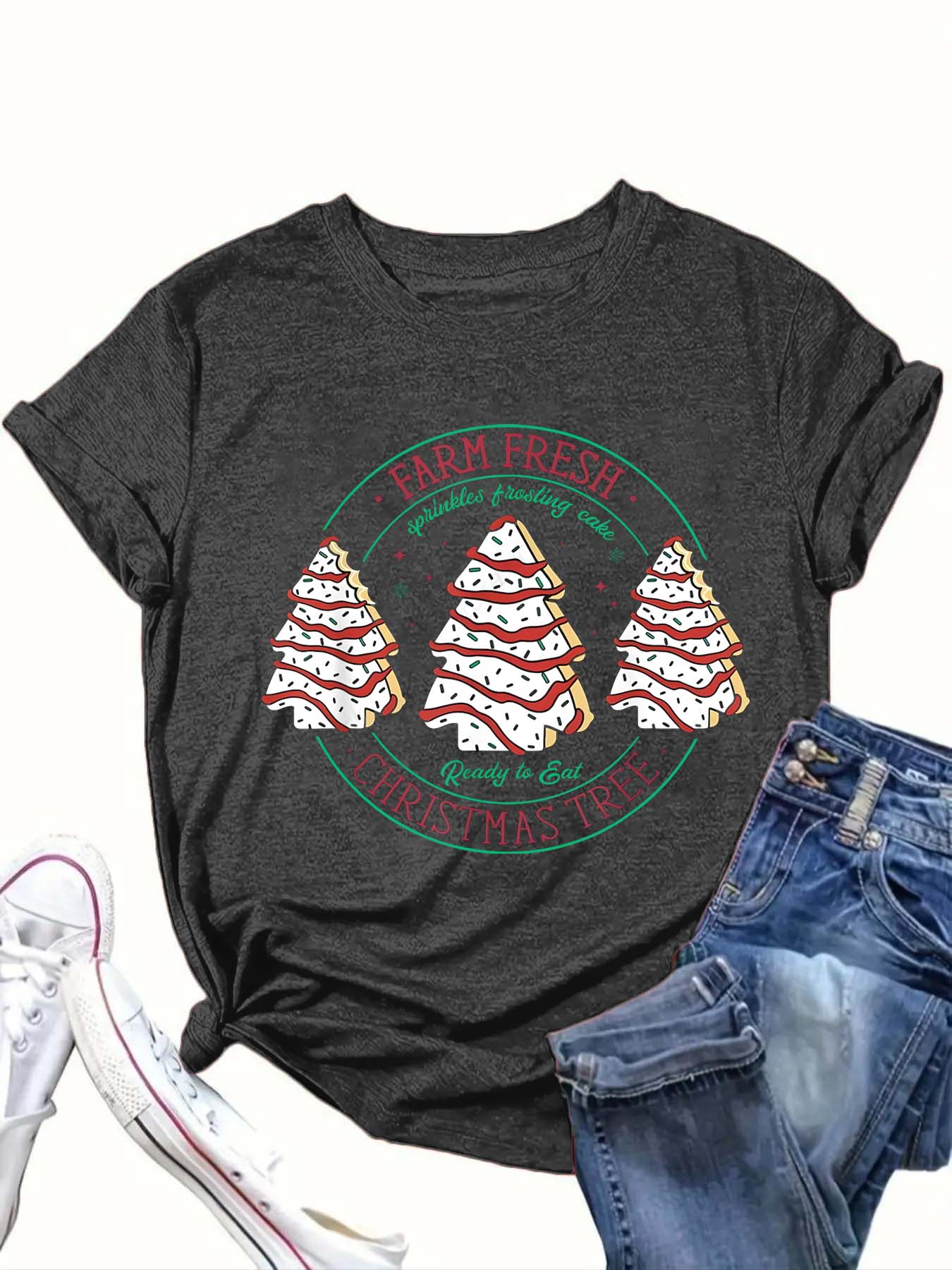 【Plus Size】 Cartoon Christmas Tree & Letter Print Round Neck Tee, Casual Short Sleeve Crew Neck T-Shirt for Summer, Women's Christmas and New Year Clothing for Daily Wear