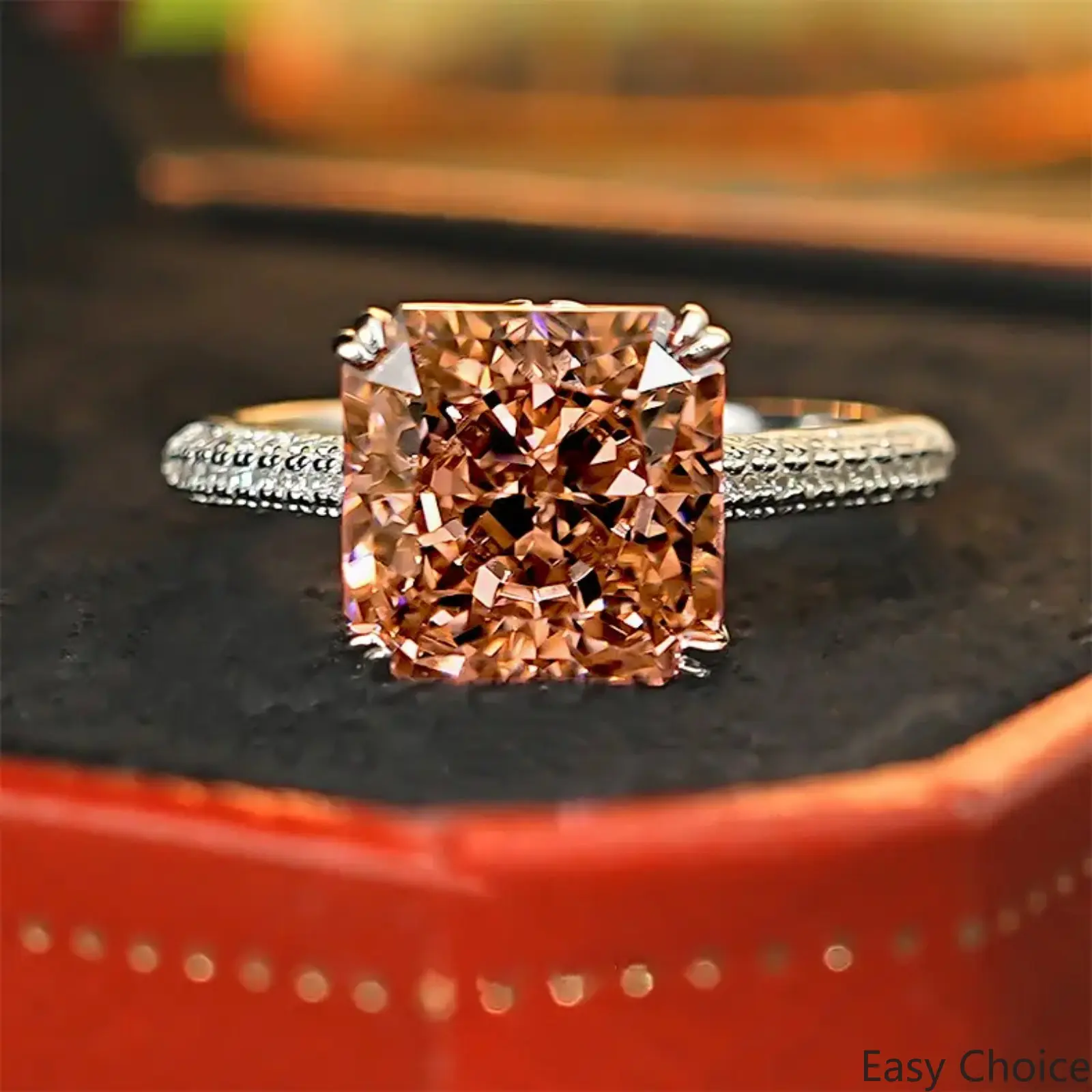 4CT Bling Ice Cut Princess Square Open Ring, Vibrant Padparadscha Morganite Tone Sparkly CZ Statement Ring, Paved Side Stones Adjustable Finger Jewelry, Glam Light Refracting Ornament For Party Dating Daily Stacking, Dainty Budget Fashion Accessory Gift F