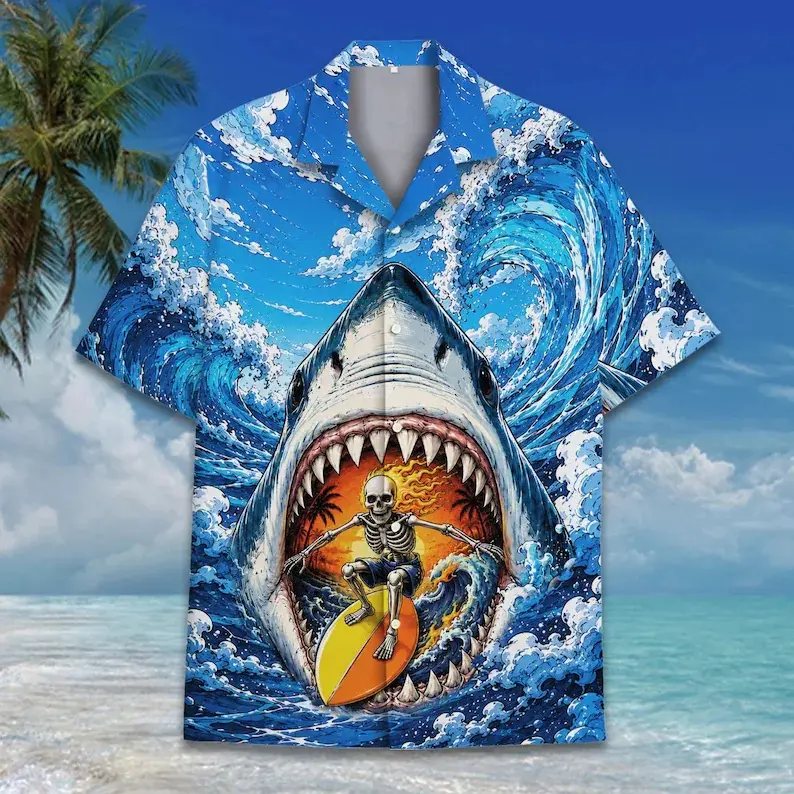 Shark Skeleton Surfer Hawaiian Shirt for Men Women, Funny Ocean Wave Shirt Button Up, Beach Vacation Gift, Funny Summer Beach Outfit#TikTokMadeMeBuyIt#CoupleMatching#HalloweenOutfit#HalloweenGift#Christmasgift