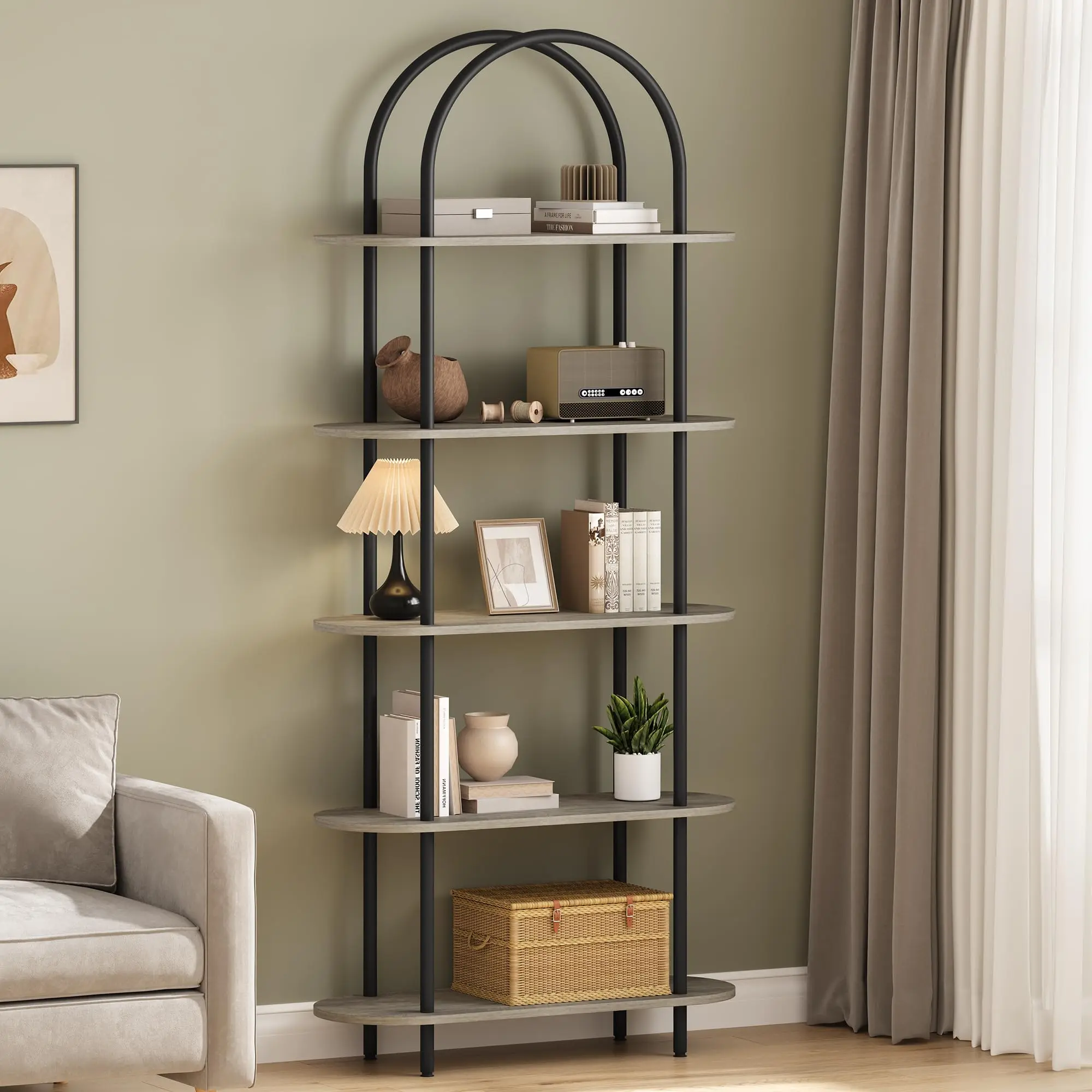 Garvee 71" Tall Industrial Bookshelf with 5 Tiers, Metal Arch Bookcase Featuring Open and Adjustable Feet, Durable Storage Organizer for Living Room, Bedroom, or Home Office in Black and Graphite Gray