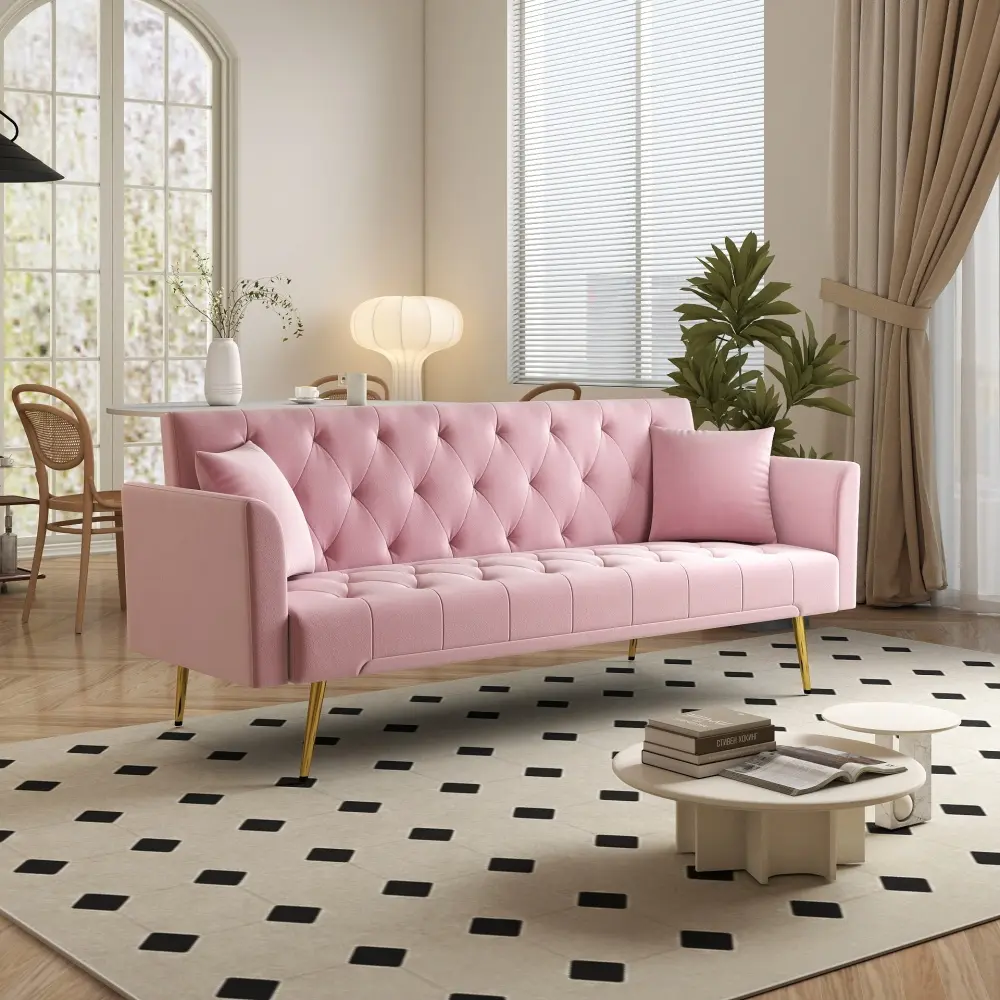Littleox Modern convertible 72 inch foldable sleeper sofa with tufted, American retro style, made of pink velvet material, suitable for small living rooms, bedrooms and offices. pink color