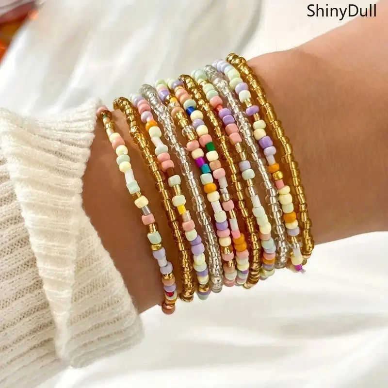 11-Piece Bracelet Set, Boho Multi-Color Glass Beaded Handmade Stack, Unisex Wrist Jewelry for Everyday Use, Glass Bead, Unisex Wear, Bohemian Bracelets, Adjustable Stack Bracelets
