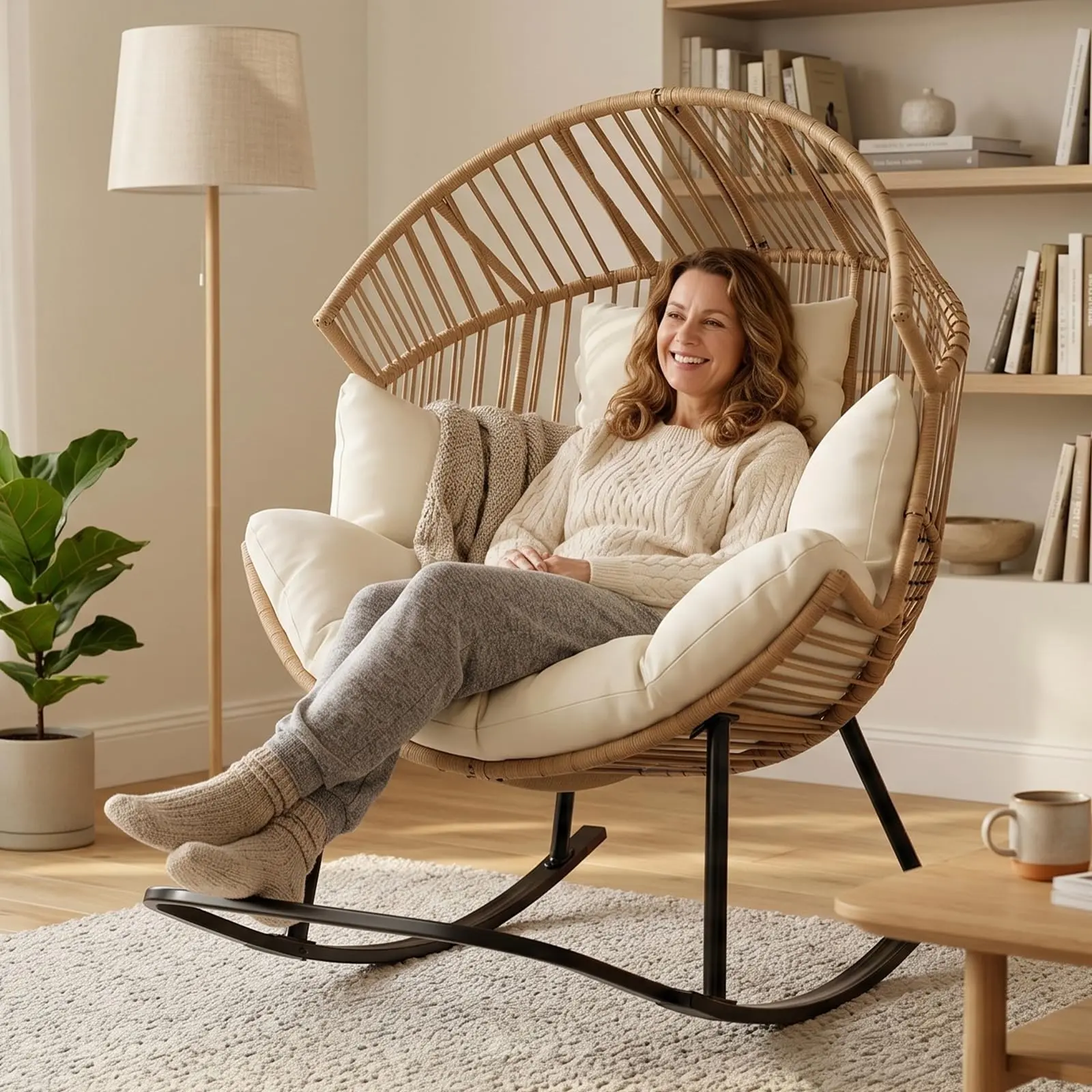 Wicker Rocking Egg Chair, Oversized Ergonomic Rattan Lounge Rocker with Extra-Soft Pillow and Thick Cushion for Indoor & Outdoor