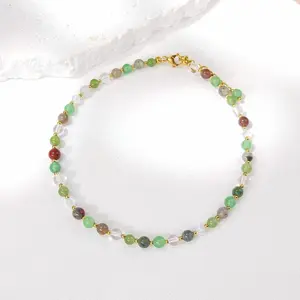 Lii Ji Aventurine Hetian Jade India Agate Blood Stone Clear Quartz 4mm Beaded Anklet 25+3cm Handmade Bohe Fashion Jewelry