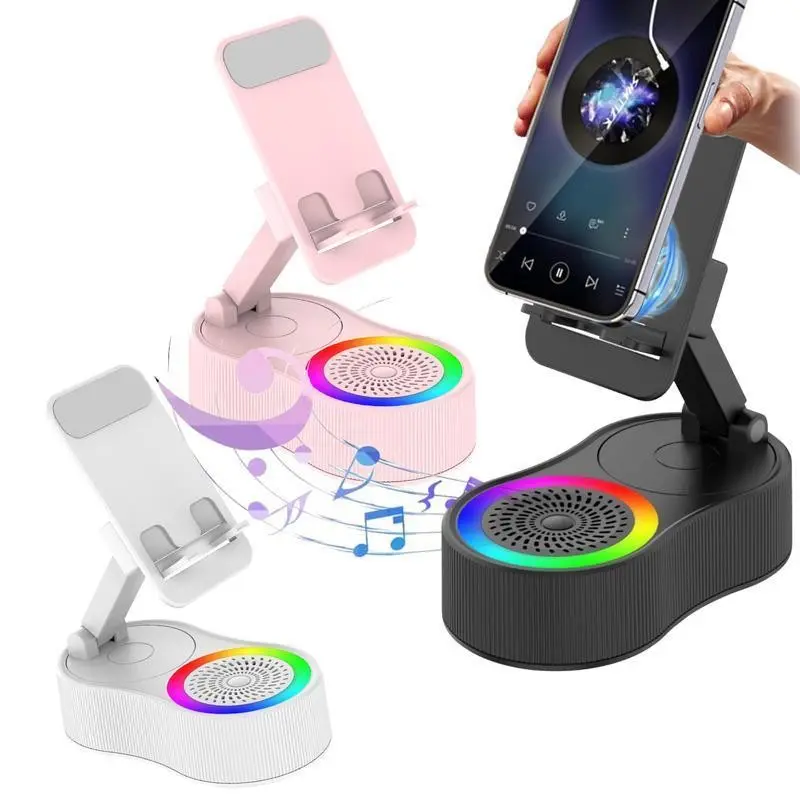 Bluetooth-compatible Smart Speakers with Charging Function, Foldable Desktop Phone Stand, 360 Rotation, Wireless Audio, Ambient Light, Multi-Functional