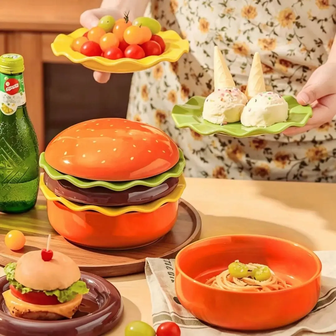 5-Piece Ceramic Burger Bowl Plate Set, Cute Home Kitchen Salad Dessert Plates, Elegant Serving Dishes for Sweet Treats